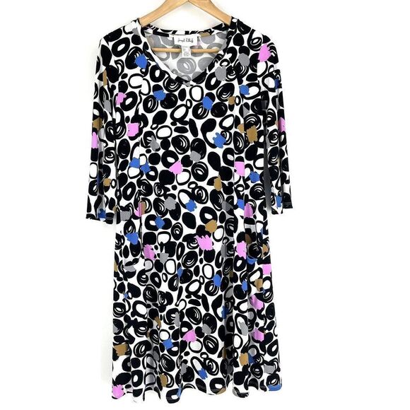 Joseph Ribkoff Dress Size 6 Black Vanilla Abstract Print 3/4 Sleeve Sheath - Picture 1 of 8